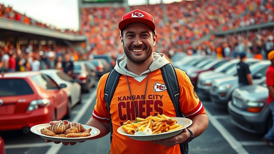 Kansas City Chiefs fan at tailgate with gourmet food.