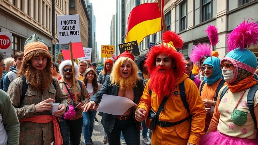 Humorous protest scene featuring a unique costume and sign at an event.