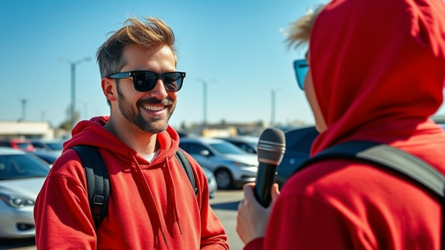 Interview scene at Kansas City neighborhood event, cheerful interaction.