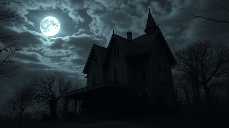 Spooky haunted house under a full moon in Kansas City.