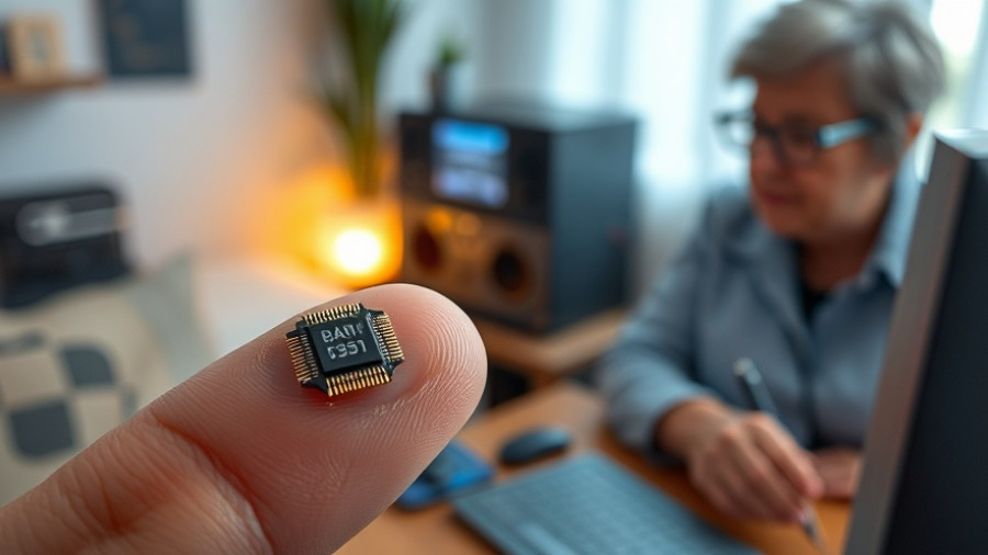 Microchip implant on fingertip and woman using assistive tech, microchip implant restores vision.