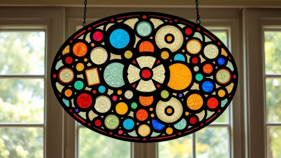 Geometric stained glass art with colorful accents in Kansas City.