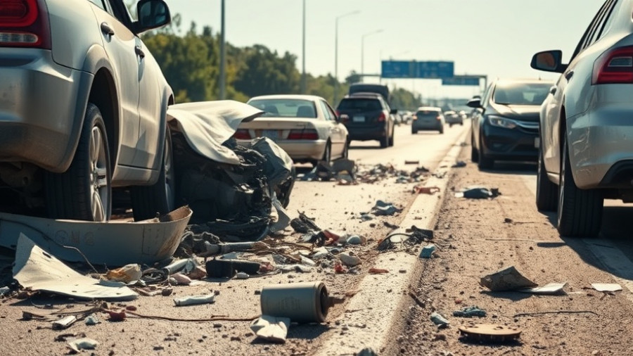 Highway accident scene in Kansas City neighborhoods, showing vehicle debris.