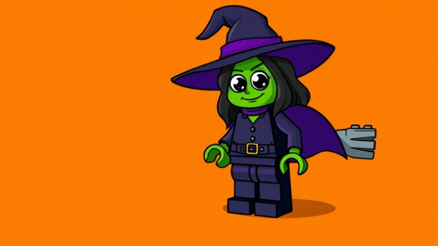 LEGO witch from Halloween Make and Take Event Kansas City on orange background.