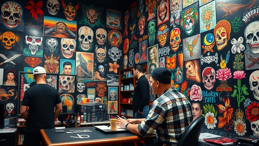 Vibrant interior of a Kansas City tattoo shop with artist at work.