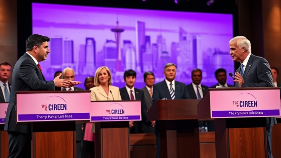 Politicians debate during NYC Mayoral Debate 2025 with purple backdrop.