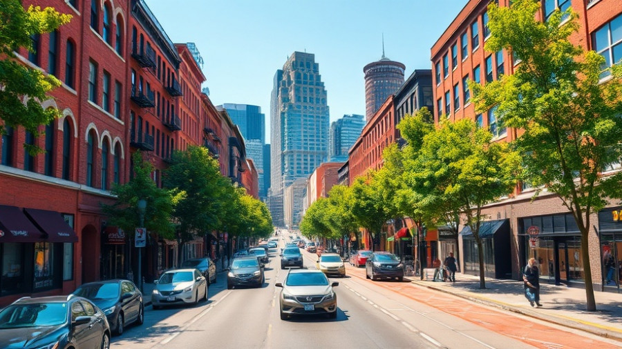 Urban Kansas City streetcar lane with red brick buildings and cars