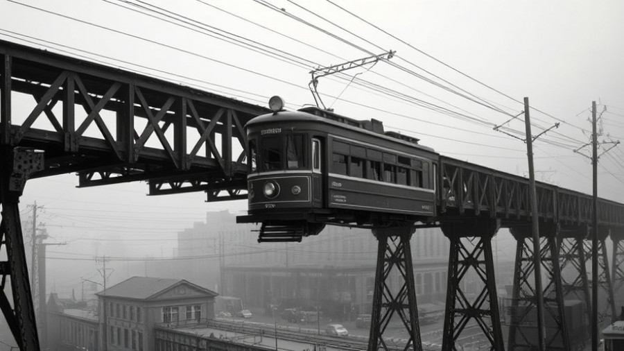Historic Kansas City neighborhood with a vintage trolley crossing a bridge.