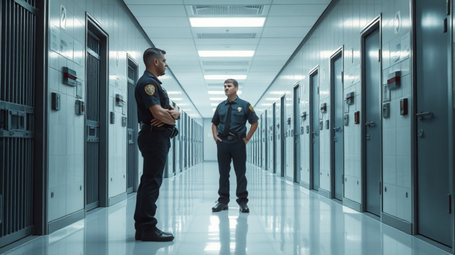 Illegal migrant guards Seattle jail corridor, photorealistic view.