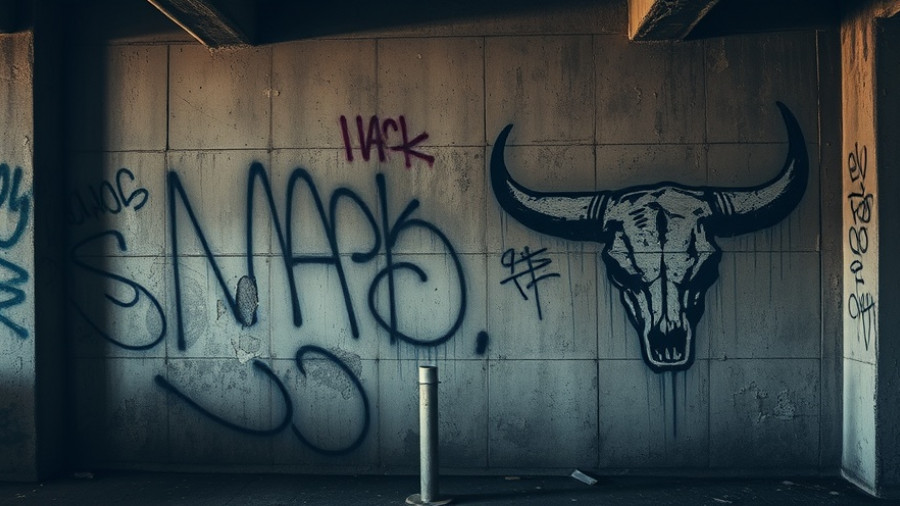 Peeling graffiti wall with bull skull, Kansas City ghost hunt theme.