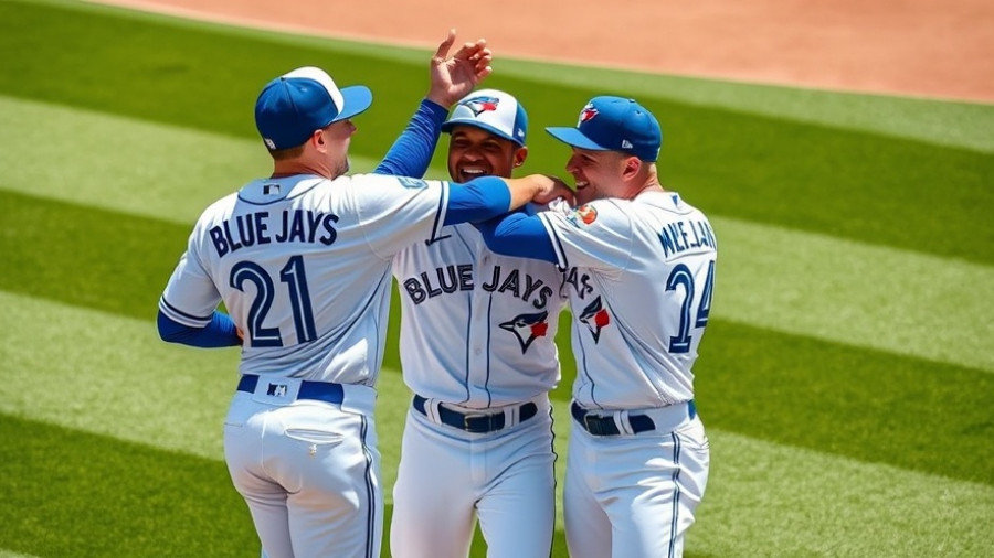Blue Jays players celebrating Game 1 World Series victory.