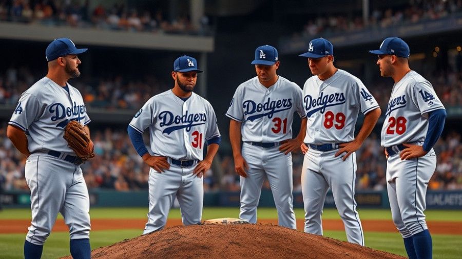 Dodger players discussing during World Series loss on mound.