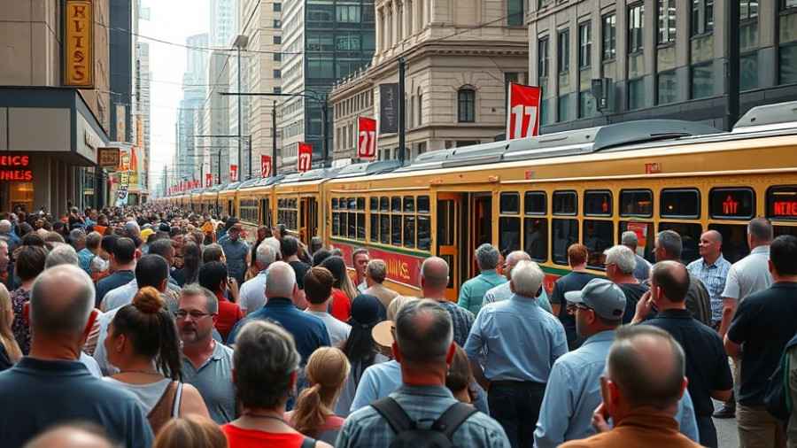 Energetic crowd in Kansas City neighborhoods at streetcar event.
