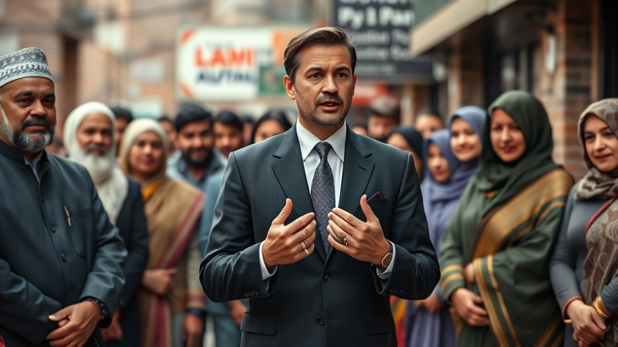 Man in suit addressing crowd on Islamophobia, diverse group setting.
