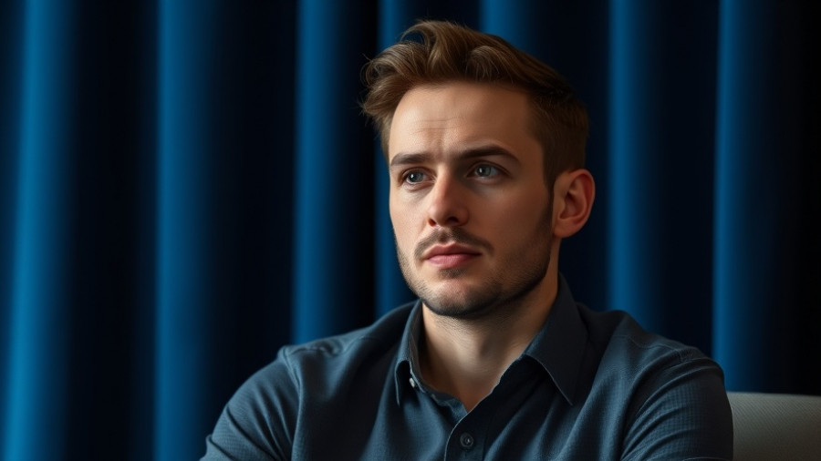 Confident man in a blue suit, thoughtful expression, Trump-Endorsed Challenger Ed Gallrein backdrop.
