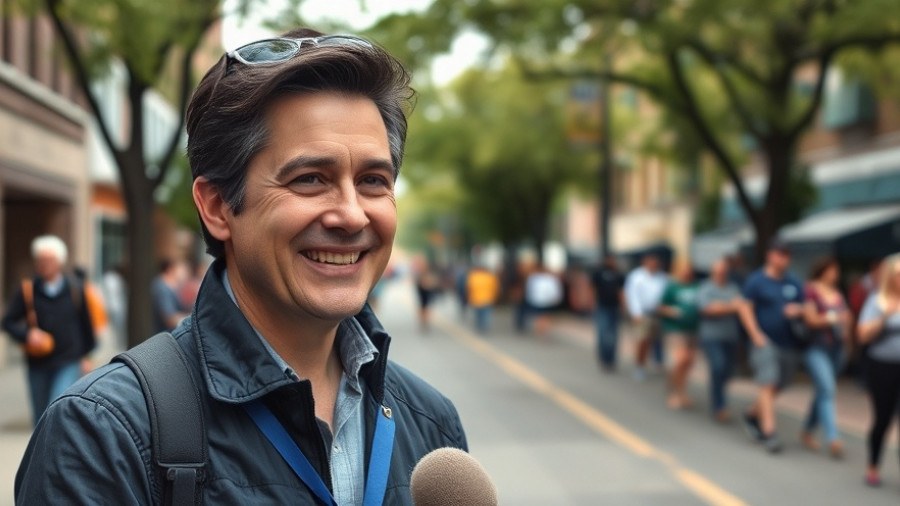 Reporter in Kansas City neighborhood during daytime event.