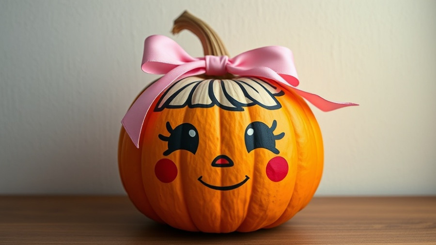 Decorative pumpkin with cartoon face and pink bow.