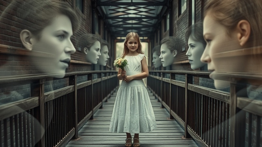 Vintage photo of girl with flowers, ghostly double exposure.