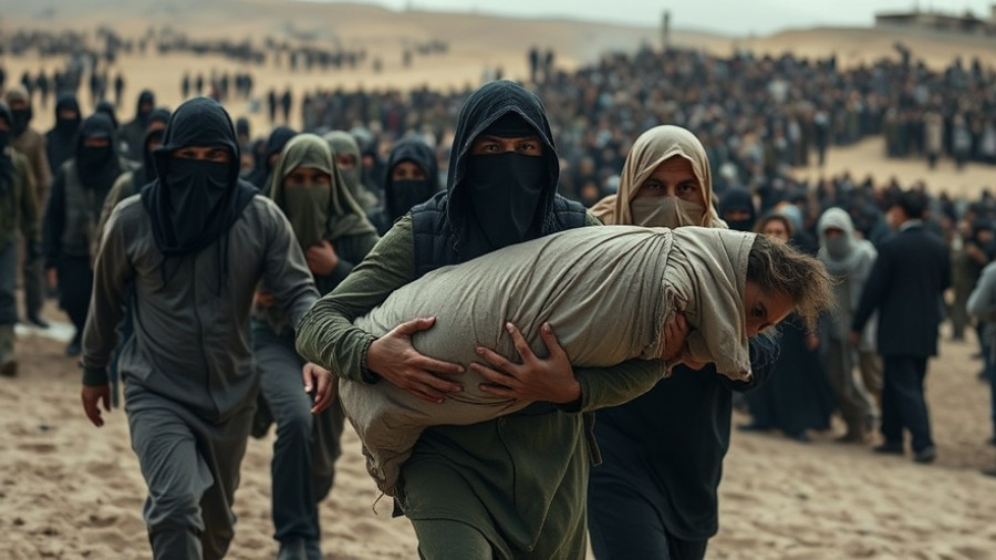 Tense gathering as masked individuals carry a body amid a crowd.