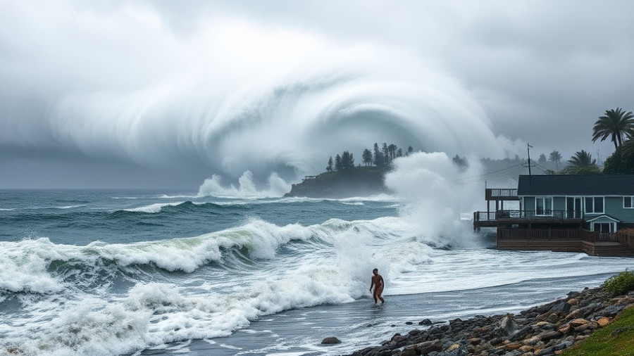 Hurricane Melissa landfall impact with storm clouds, waves, and flooding.