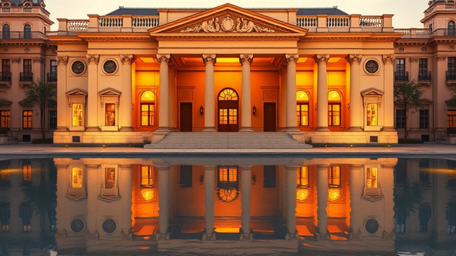 Neoclassical gallery in Kansas City beautifully reflected on water.