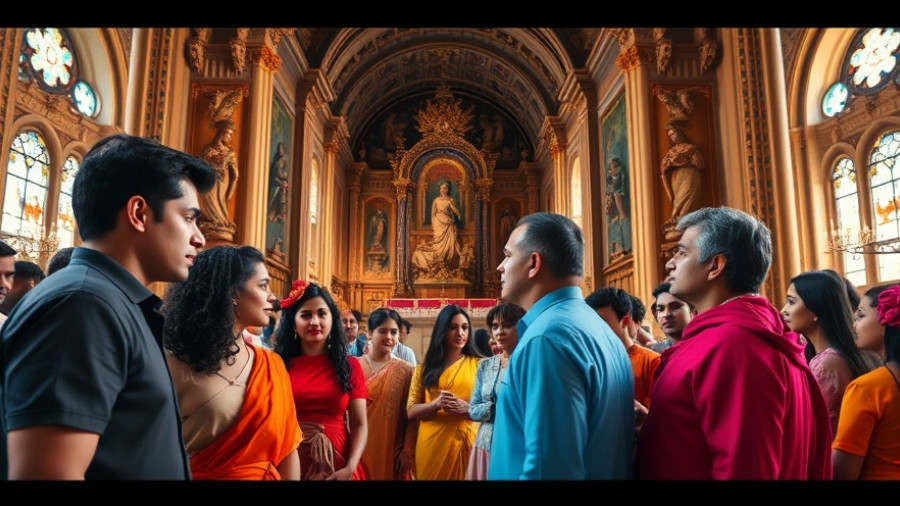 People in colorful attire in an ornate church, dramatic scene.
