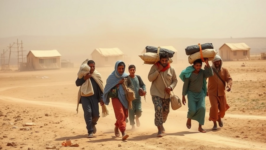 Sudanese civilians carrying belongings in Darfur, displaced by conflict.