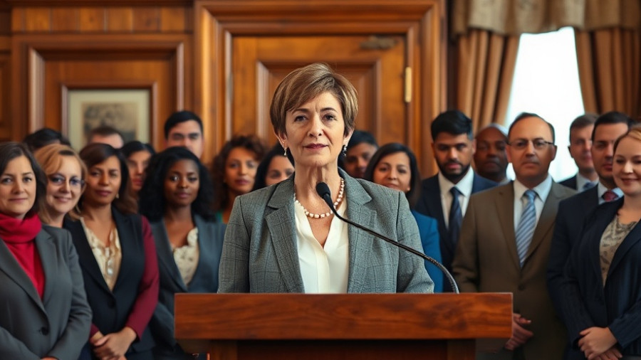Laura Kelly delivering a speech with a group of people behind her in a formal setting.
