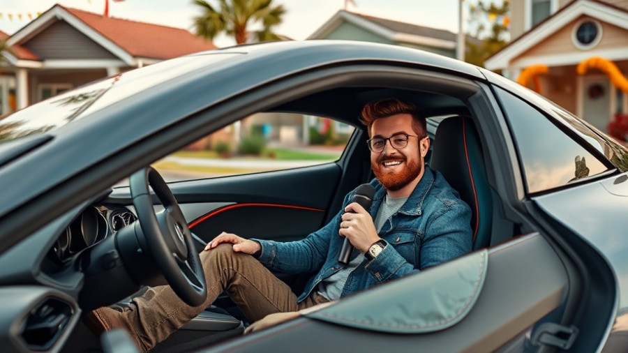 Man in futuristic car with microphone in Kansas City neighborhood.