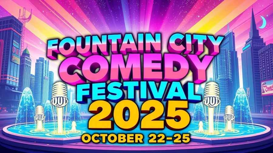 Fountain City Comedy Festival 2025 poster showcasing Kansas City events in a vibrant Sci-Fi style.