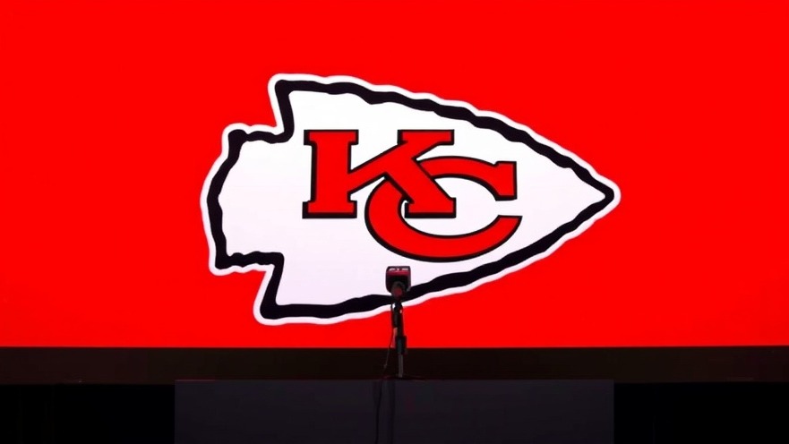 Kansas City Chiefs logo on bold press conference banner with vivid red background