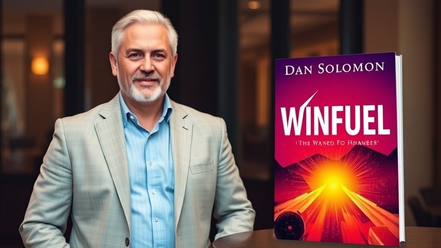 Businessman Dan Solomon in a light suit beside 'Winfuel' book, embodying fitness motivation.