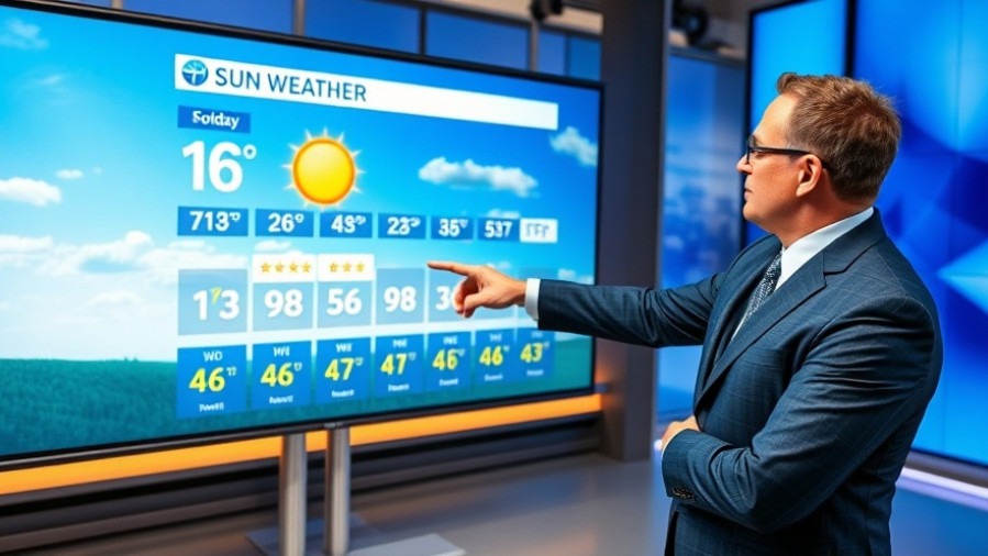Professional meteorologist forecasting sunny weather in Kansas City, modern studio.
