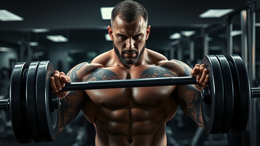 Muscular tattooed man using bodybuilding techniques to lift heavy T-bar weights in a fitness-focused gym.