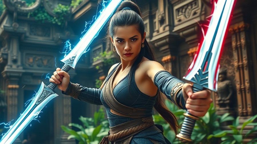 Kalyani Priyadarshan performance as a determined warrior in a fantasy storytelling scene.