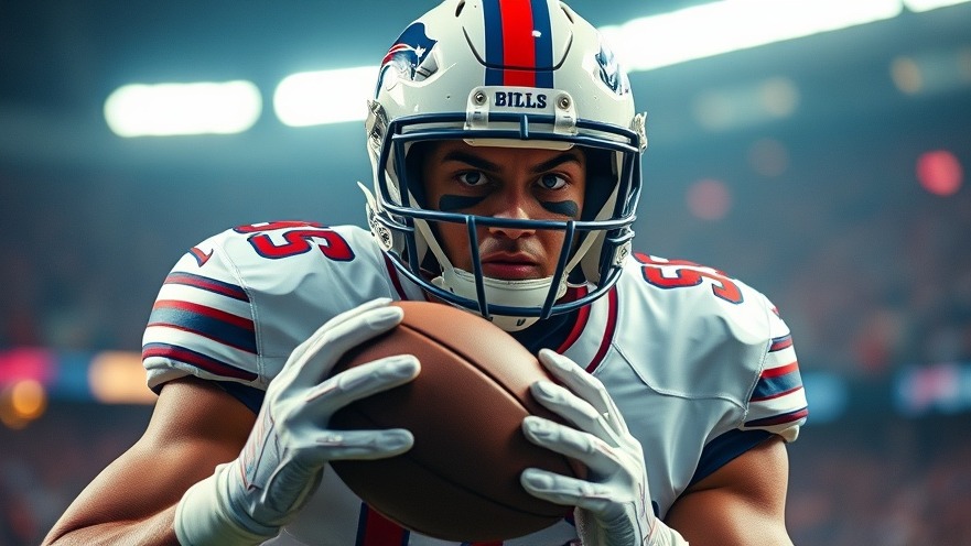 Intense Buffalo Bills player ready for NFL schedule action, dynamic pose, vivid colors.