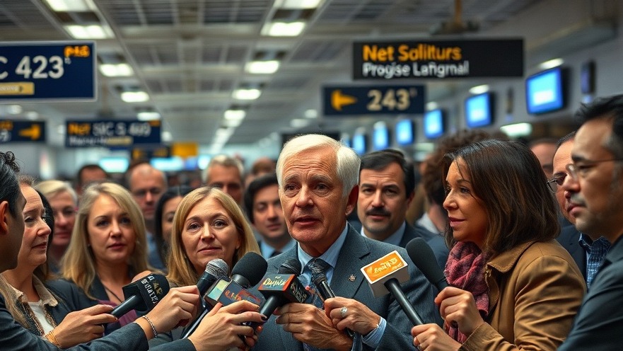 Kansas City local living with diverse group addressing press in vibrant airport setting.