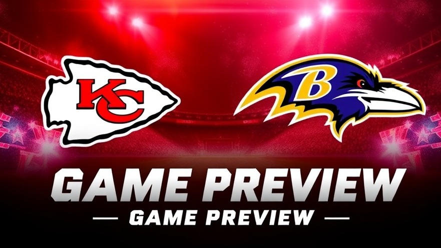 Dynamic football poster previewing KC Chiefs vs Ravens, vibrant red and black design.