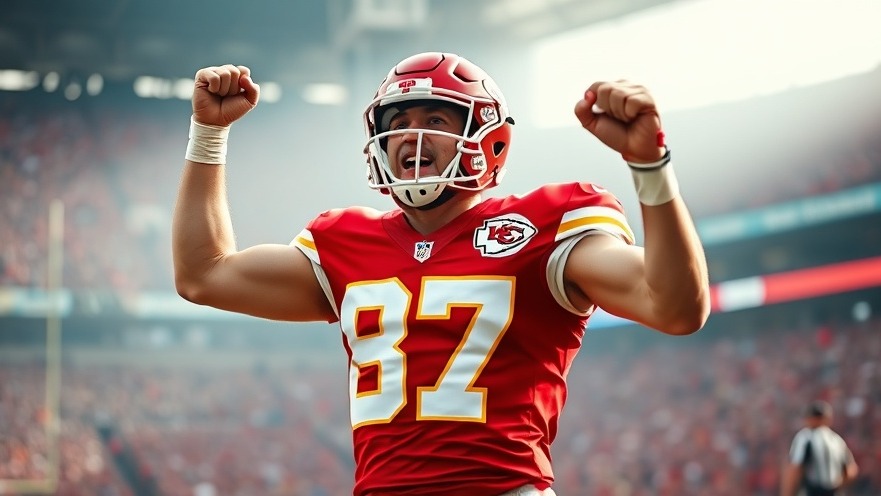 Travis Kelce celebrating in vibrant Kansas City Chiefs uniform #87 against a blurred stadium, highlighting KC Chiefs depth chart.