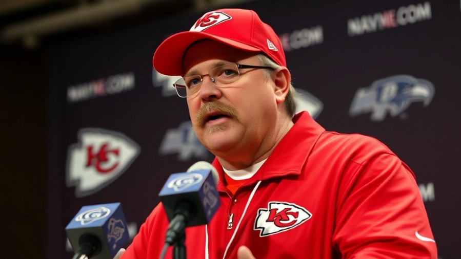 Andy Reid at press conference in Kansas City Chiefs gear, highlighting KC community news.