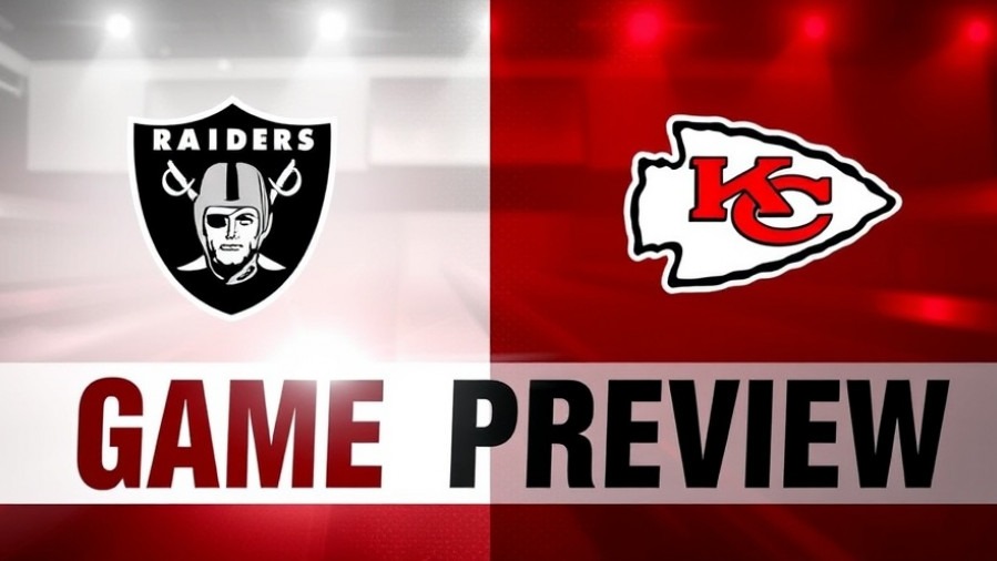 Dynamic sports graphic of Raiders vs Kansas City Chiefs, featuring bold 'Game Preview' text.