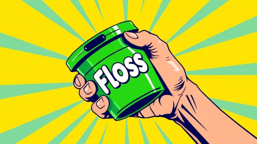 Vibrant pop art hand holding green floss, highlighting dental care access Kansas.
