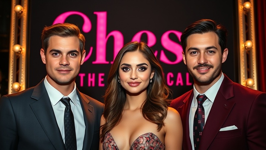Elegant young woman and men at 'Chess The Musical' premiere, evoking nostalgia in theater.