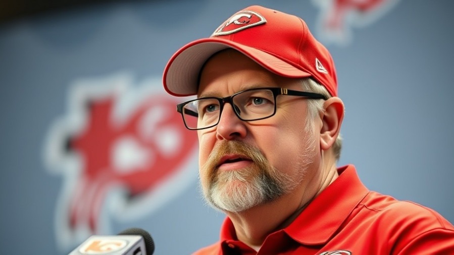 Andy Reid, Chiefs coach, serious at press conference, representing Kansas City local living.