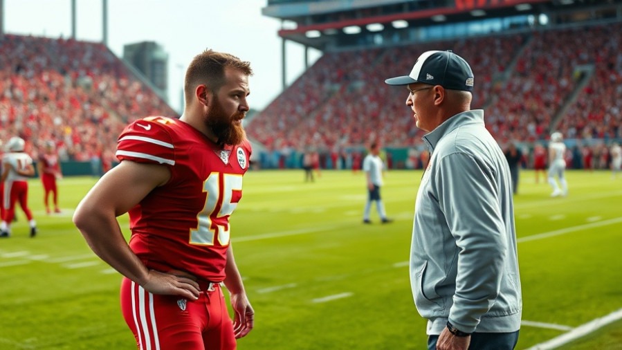 Travis Kelce, KC Chiefs quarterback, in vibrant red uniform on the field.
