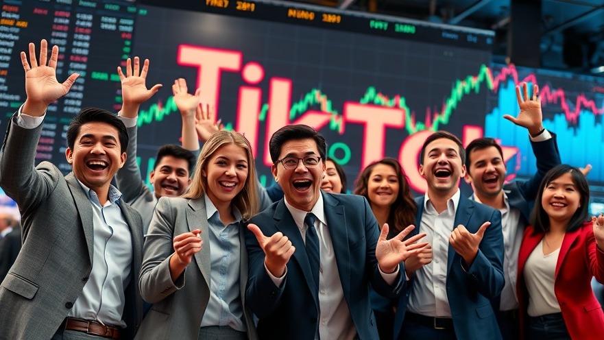 Joyful business professionals celebrating TikTok IPO amidst dynamic stock market visuals.