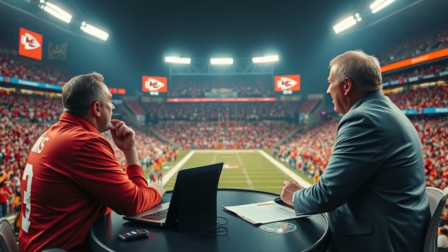 Energetic commentators celebrate a Kansas City Chiefs touchdown in a vibrant stadium.