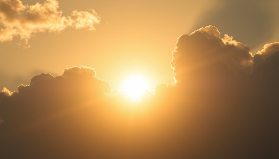 Radiant sun with clouds against clear sky.