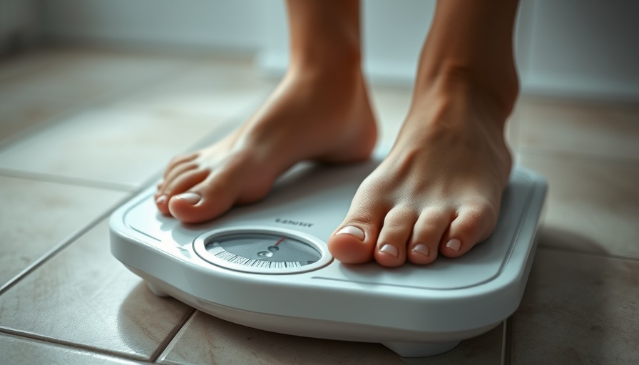 Close-up of feet on a bathroom scale in a tiled room
