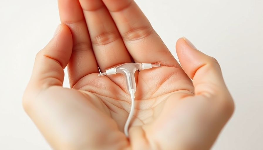 Macro shot of a hand holding an IUD against a white background.